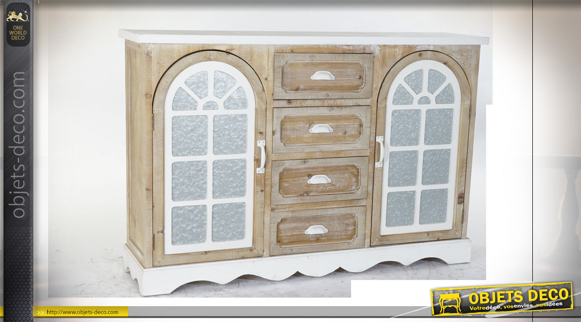 Buffet en bois de sapin finition naturelle et blanche, portes en forme de fenêtre en arcade ambiance campagne chic, 140cm