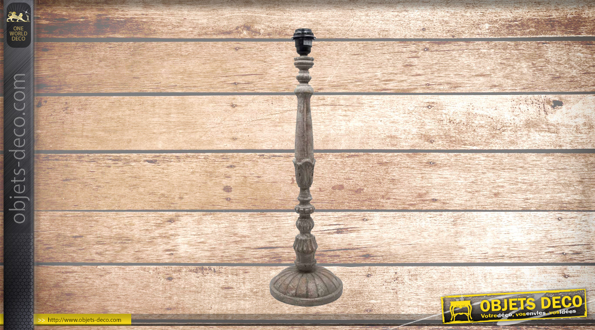 Pied de lampe en bois sculpté, modèle Basseterre de 60cm, finition naturelle usée, ambiance vestige de civilisation ancienne