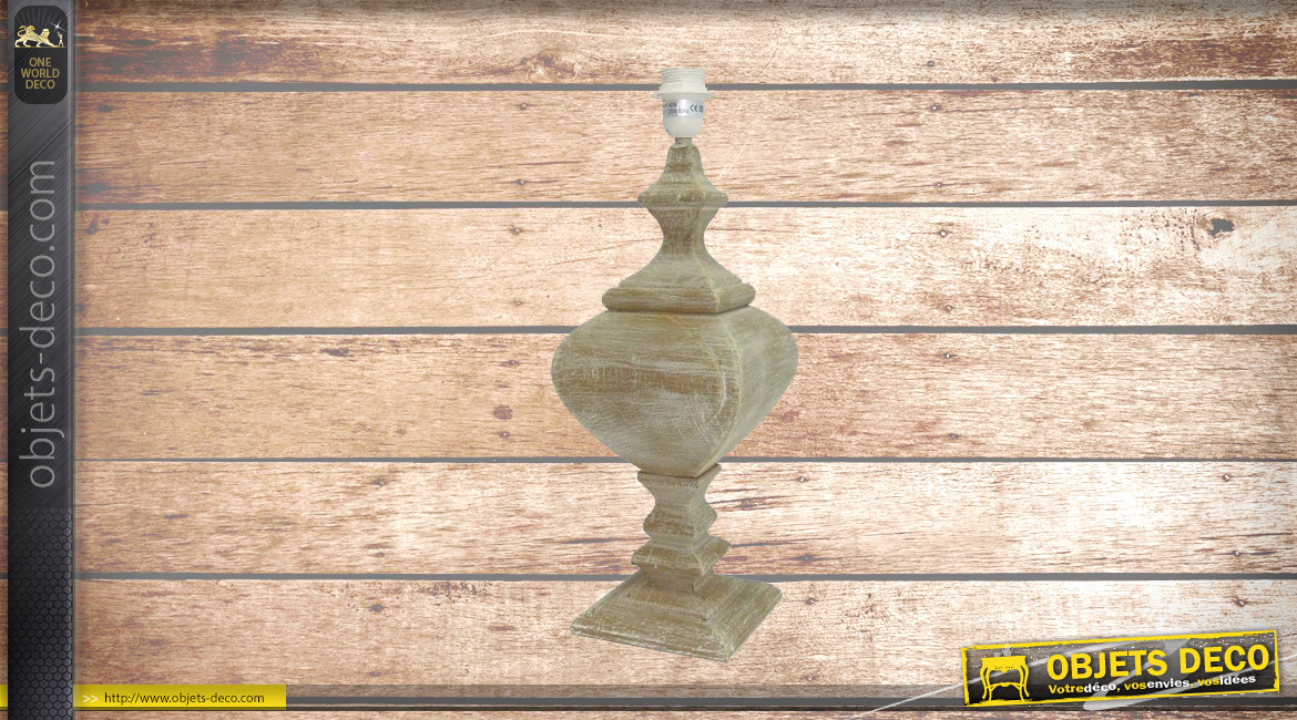 Pied de lampe amphore en bois, modèle Boston de 50cm, finition naturelle effet blanchi, ambiance rustique et authentique