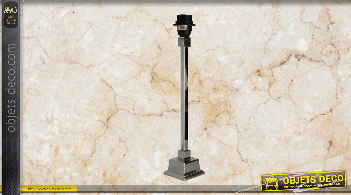 Pied de lampe contemporain en métal, modèle Ohio de 40cm, colonne carrée sur socle, finition chromé argent