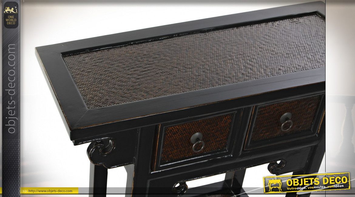 Petite console à 2 tiroirs en bois d'orme finition noir laqué ambiance Japonaise, 85cm