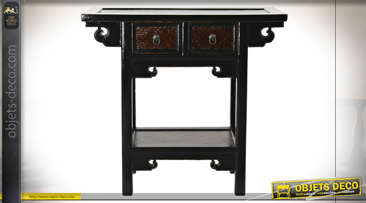 Petite console à 2 tiroirs en bois d'orme finition noir laqué ambiance Japonaise, 85cm