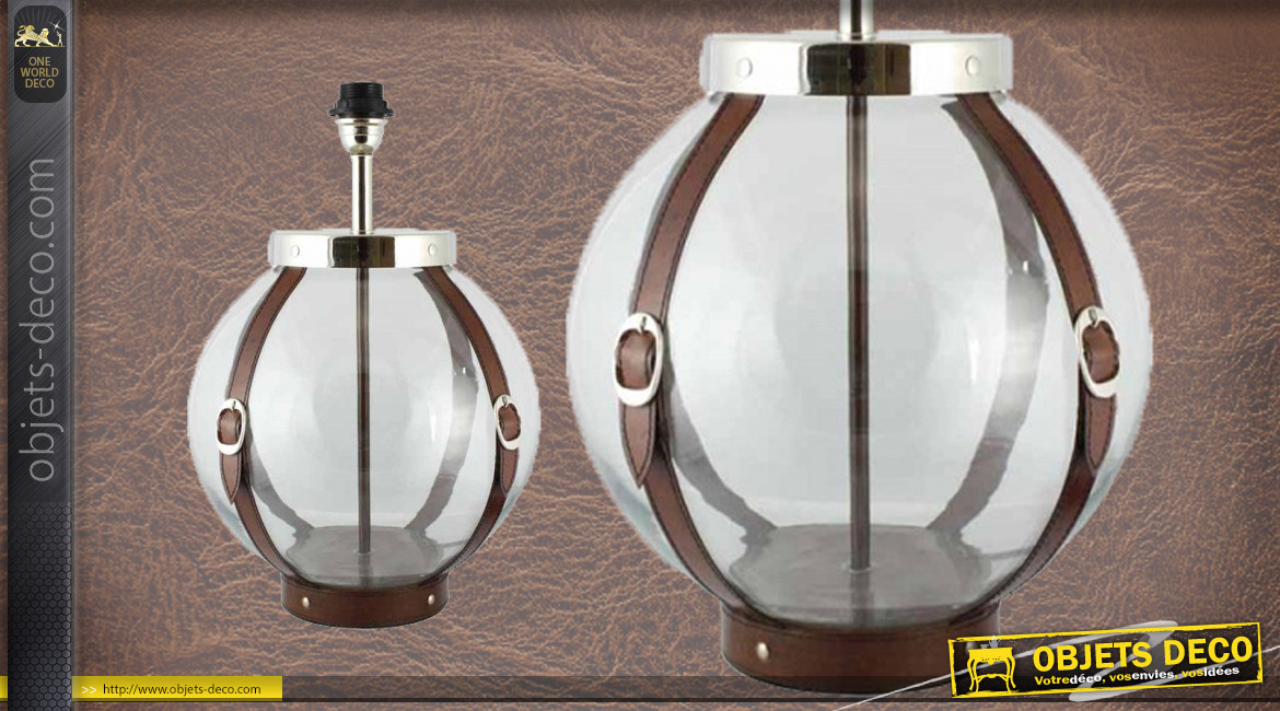 Pied de lampe authentique en verre et cuir, modèle Chypre de Ø30cm, base ronde avec ceintures en cuir véritable, 46cm