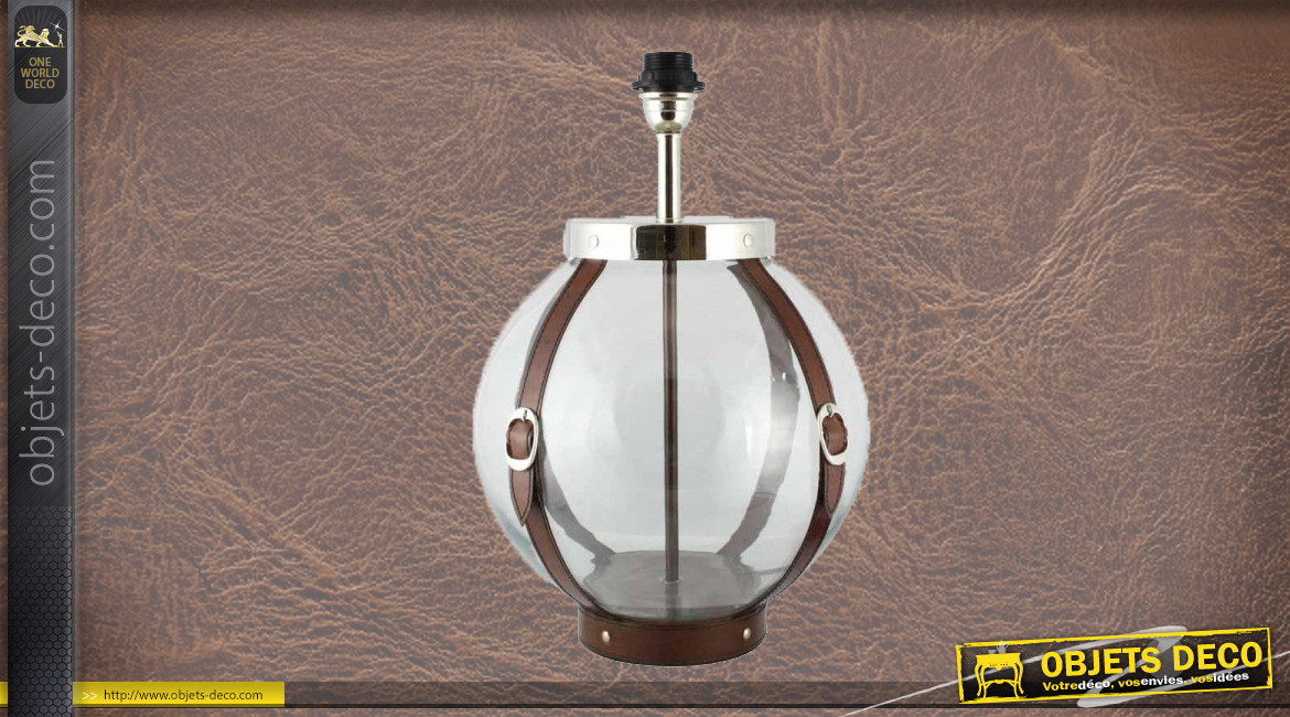 Pied de lampe authentique en verre et cuir, modèle Chypre de Ø30cm, base ronde avec ceintures en cuir véritable, 46cm