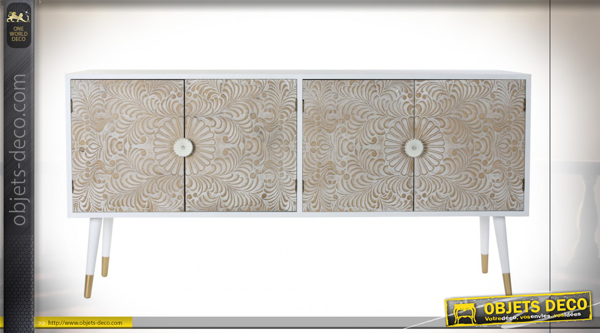 Buffet 4 portes en bois de sapin finition blanche et naturelle de style Indien, 160cm