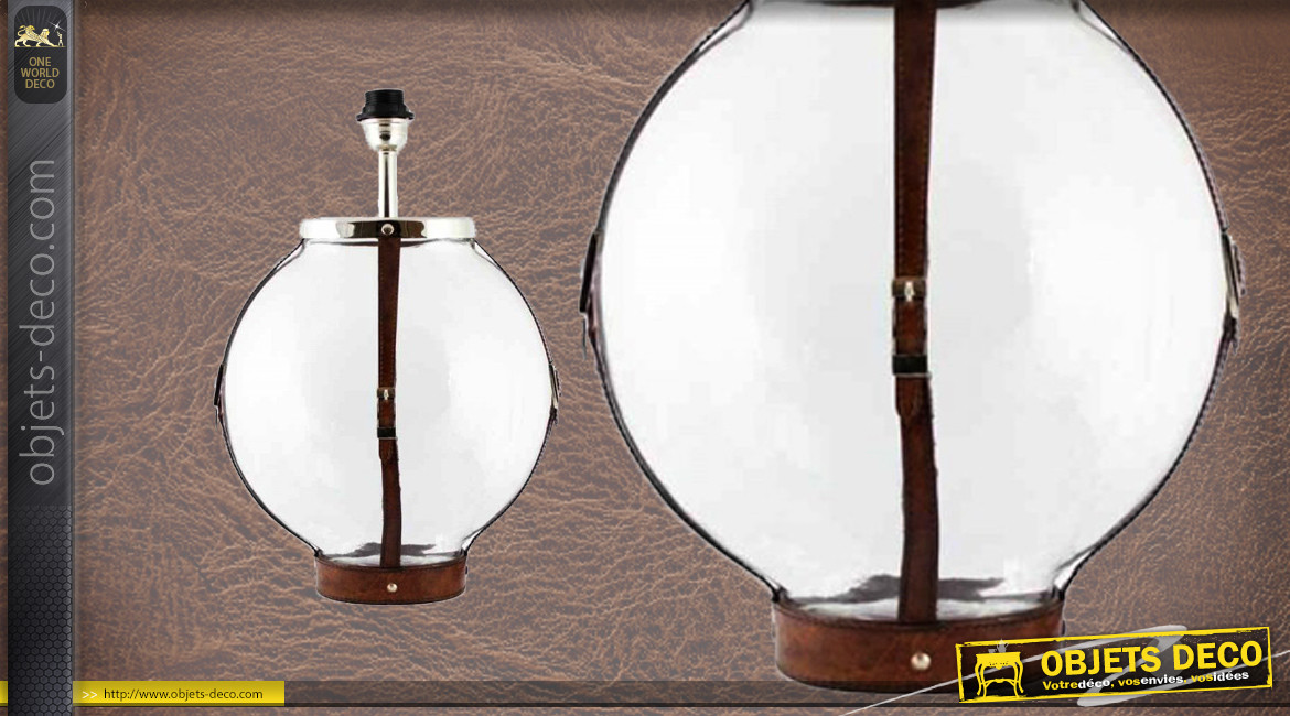Pied de lampe authentique en verre et cuir, modèle Barbade de Ø33cm, base ronde avec ceinture en cuir véritable, 50cm