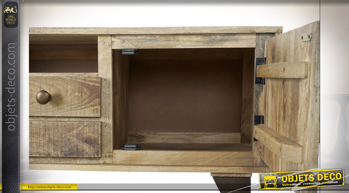 Meuble TV de style rustique en bois de manguier finition naturelle et métal, 150cm