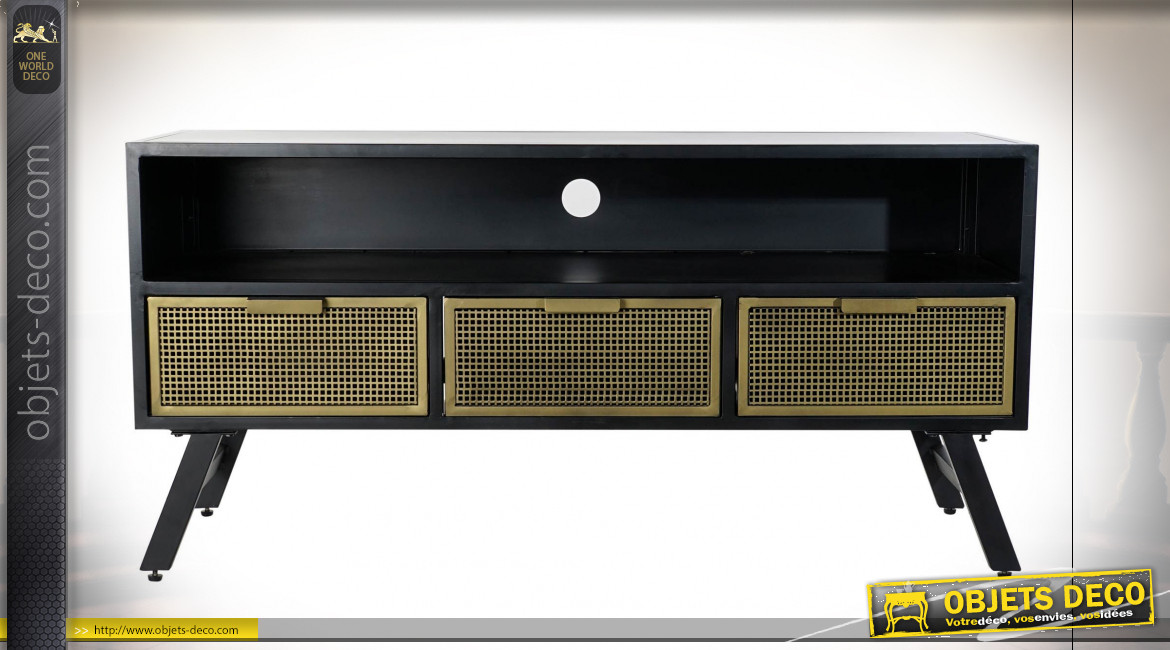 Meuble TV en métal finition noire,tiroirs à façades dorées ambiance atelier chic, 125cm
