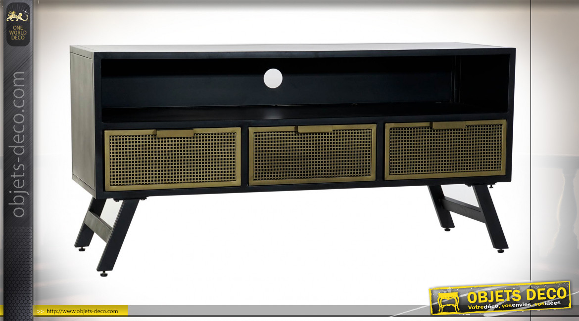 Meuble TV en métal finition noire,tiroirs à façades dorées ambiance atelier chic, 125cm