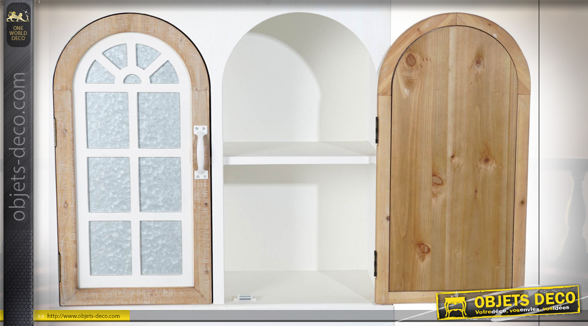 Buffet en bois de sapin finition blanche et naturelle, portes vitrées en forme de fenêtre en arcade, 120cm