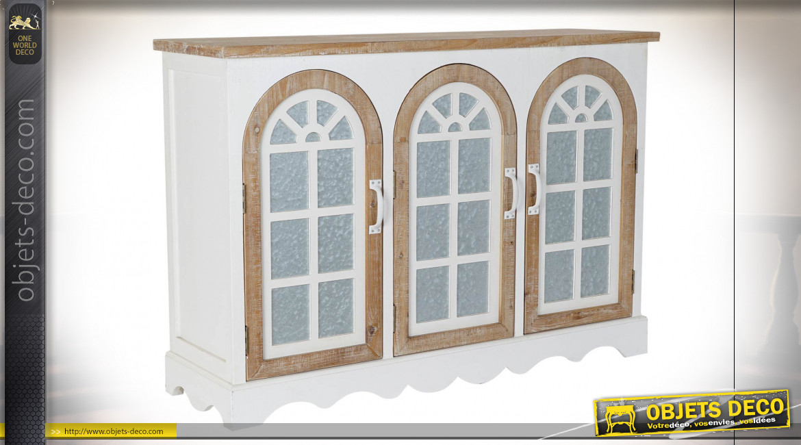 Buffet en bois de sapin finition blanche et naturelle, portes vitrées en forme de fenêtre en arcade, 120cm