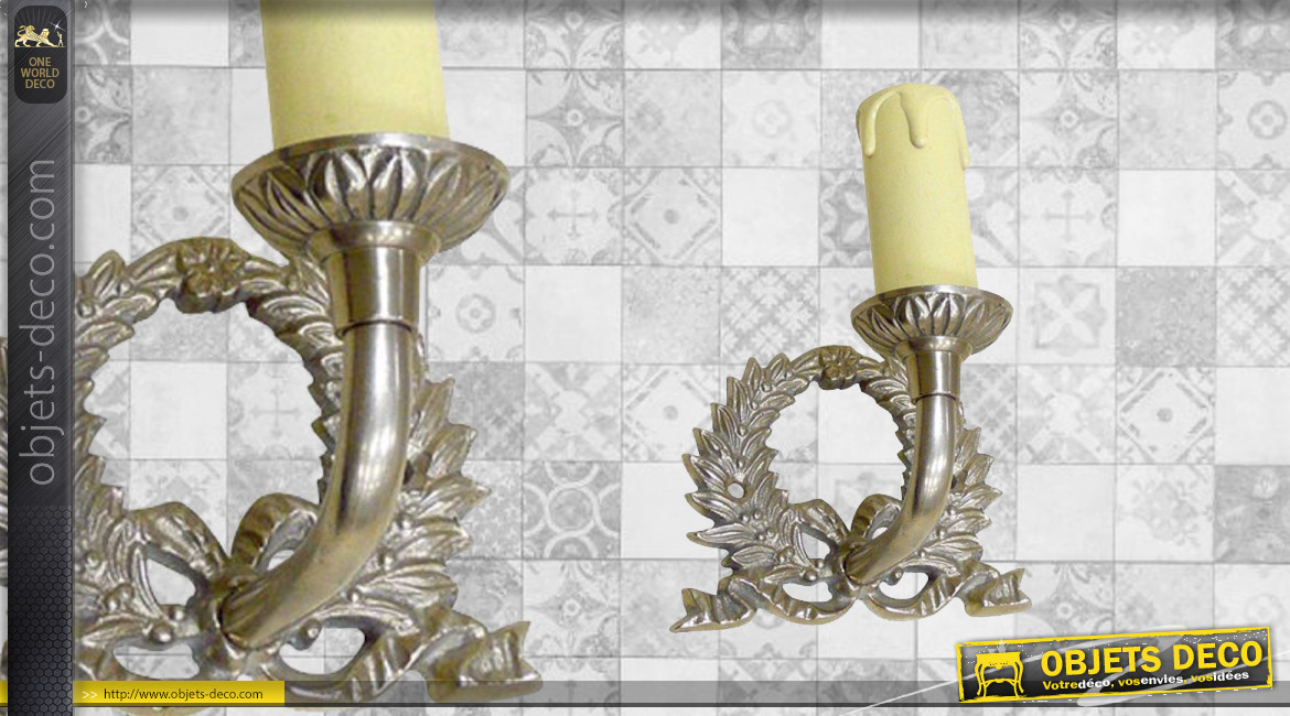Base d'applique en métal en forme de couronne de laurier, finition chromé vieilli, avec porte chandelle, 13cm