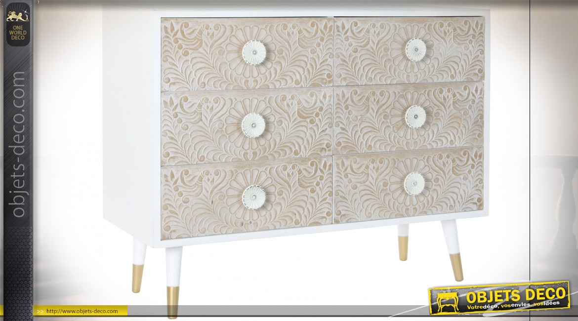 Commode à 6 tiroirs en bois de sapin finition blanche et naturelle de style Indien, 100cm