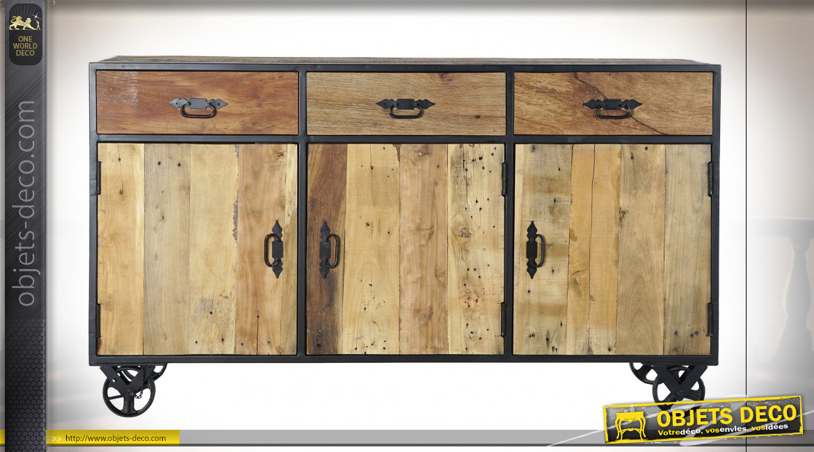 Buffet enfilade en bois recyclé finition naturelle ambiance atelier, 150cm