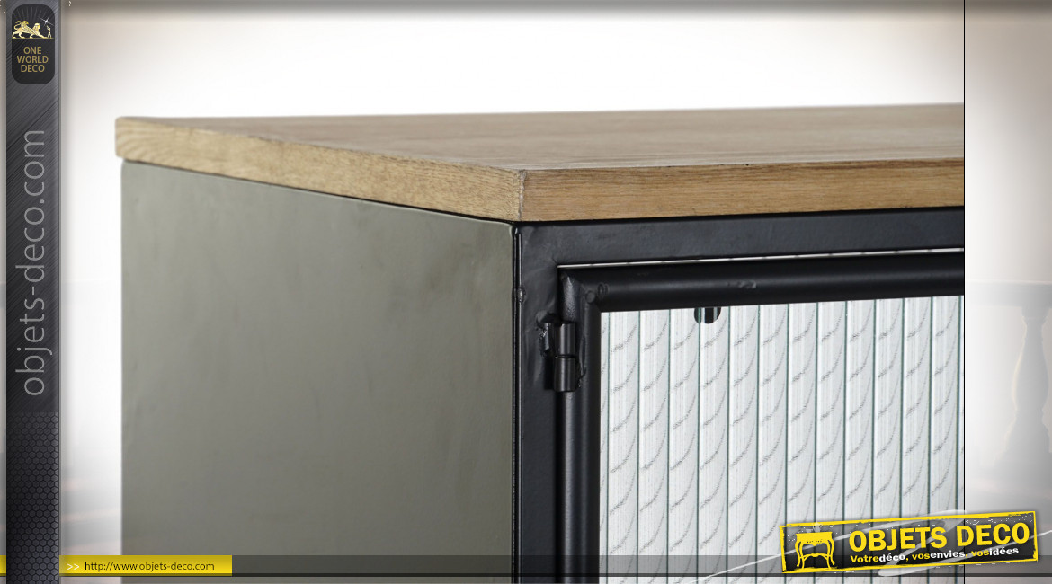 Petit buffet vitrine en bois et métal finition noire ambiance industrielle, 102cm