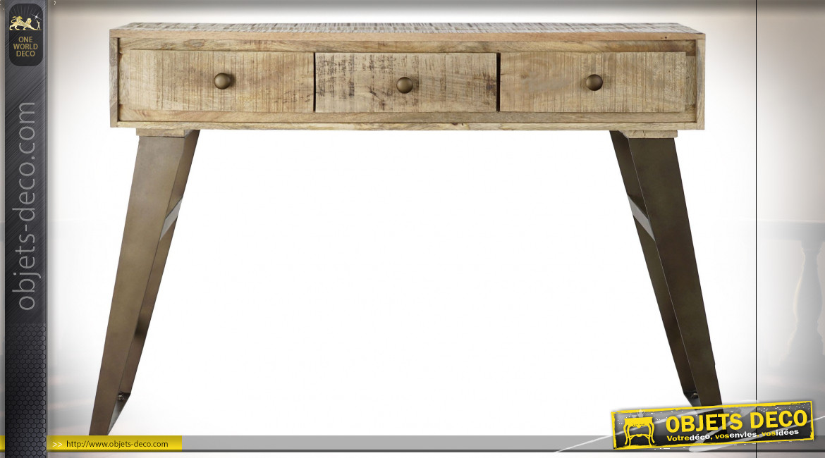 Console en bois de manguier finition naturelle et pieds en métal ambiance atelier rétro, 130cm
