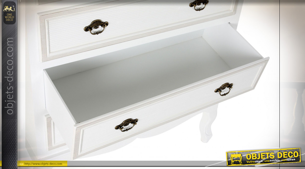 Commode 5 tiroirs en bois finition blanche de style romantique, 105cm