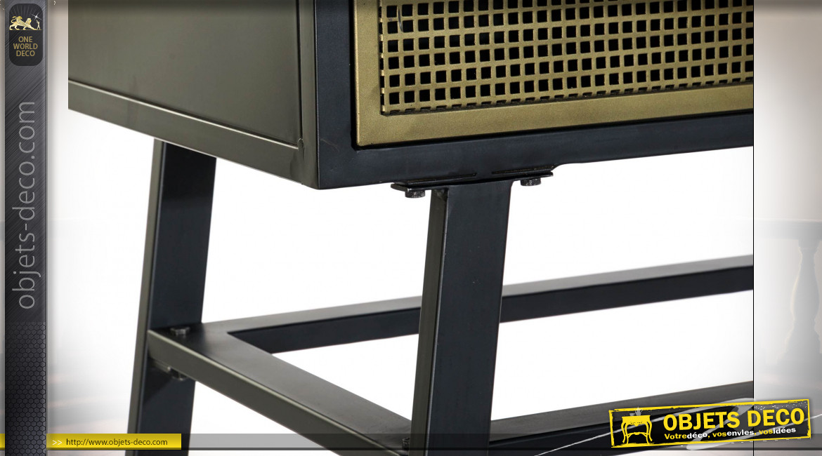 Console 3 tiroirs ajourés en métal finition noire et dorée ambiance atelier, 130cm