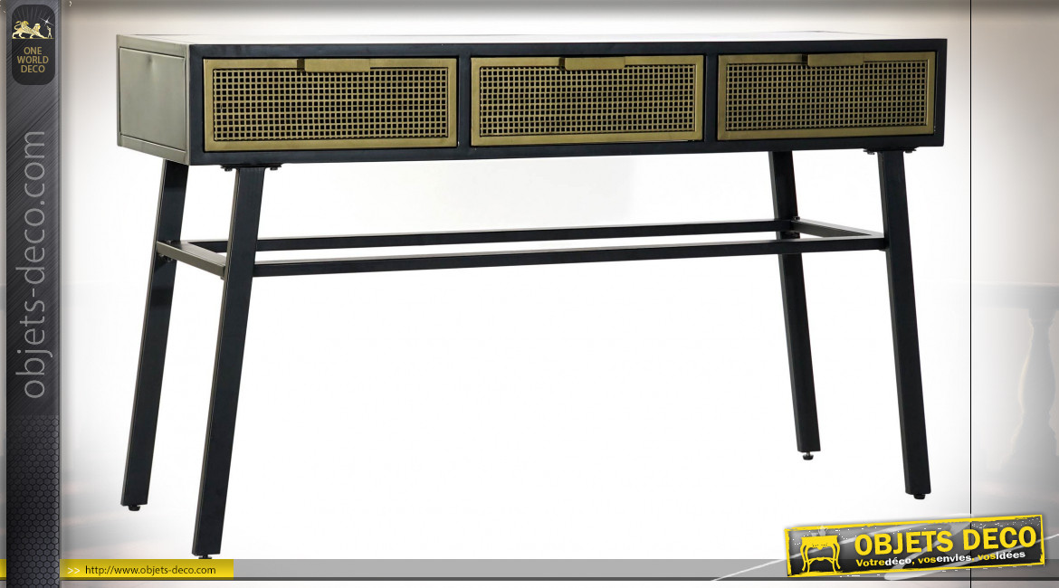 Console 3 tiroirs ajourés en métal finition noire et dorée ambiance atelier, 130cm
