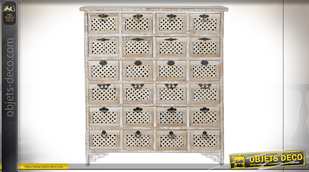 Meuble de rangement 24 tiroirs en bois de sapin finition naturelle blanchie ambiance shabby chic, esprit meuble de métier, 98cm