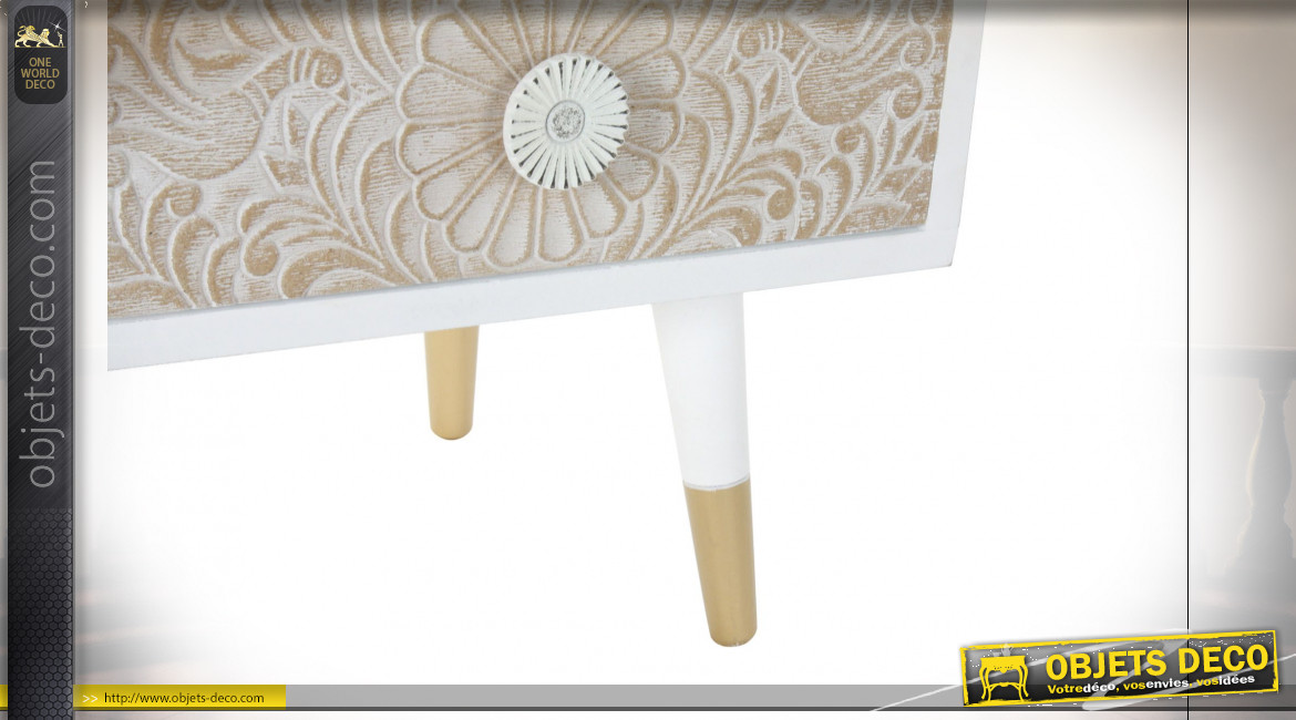 Meuble TV en bois de sapin, motifs mandala finition naturelle blanchie de style Indien, 120cm