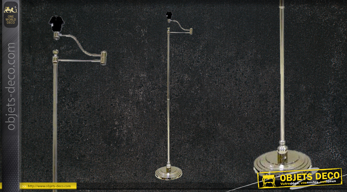 Pied de lampadaire de lecture en métal chromé, bras articulé sur base ronde, 132cm
