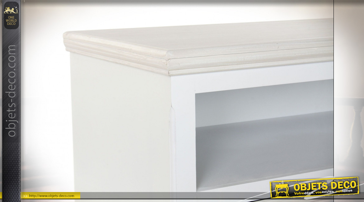Petit meuble TV en bois finition blanche de style romantique, 100cm