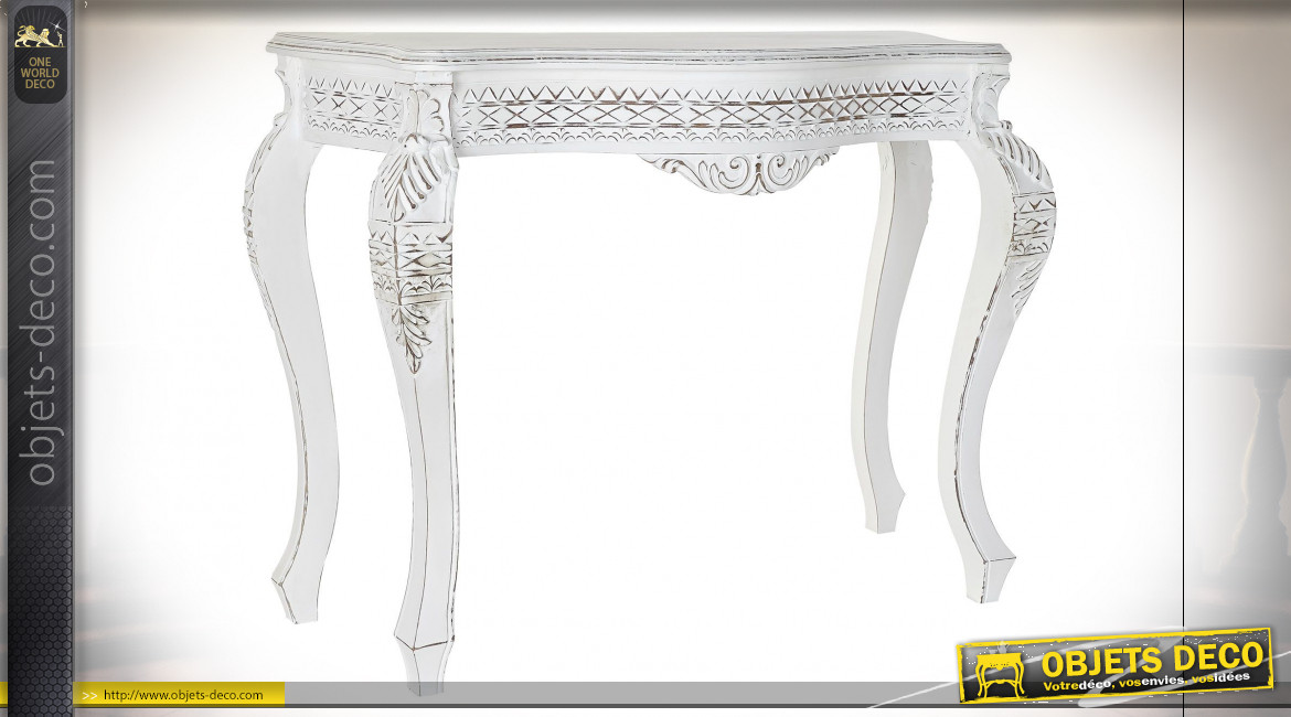 Console en bois de manguier finition blanc, pieds galbés de style classique, 106cm
