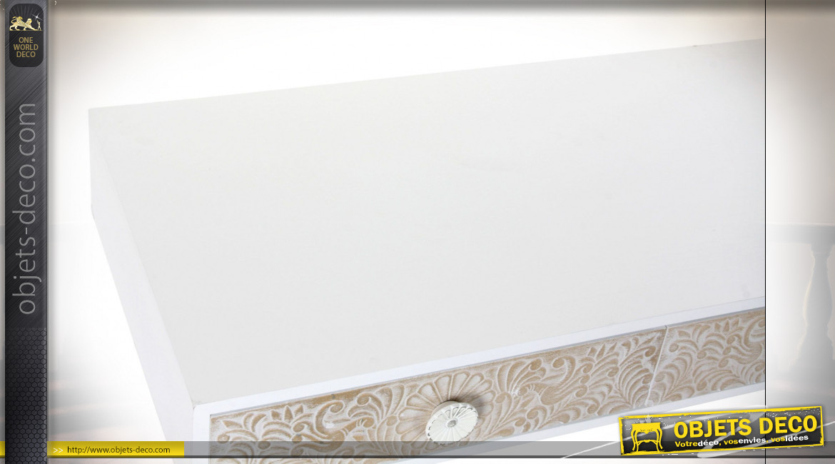 Table basse blanche en bois de sapin, motifs mandala en relief de style Indien, 120cm