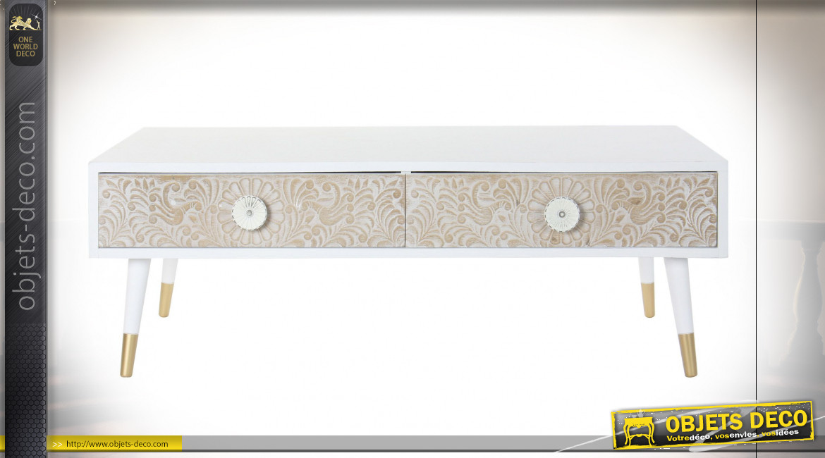 Table basse blanche en bois de sapin, motifs mandala en relief de style Indien, 120cm