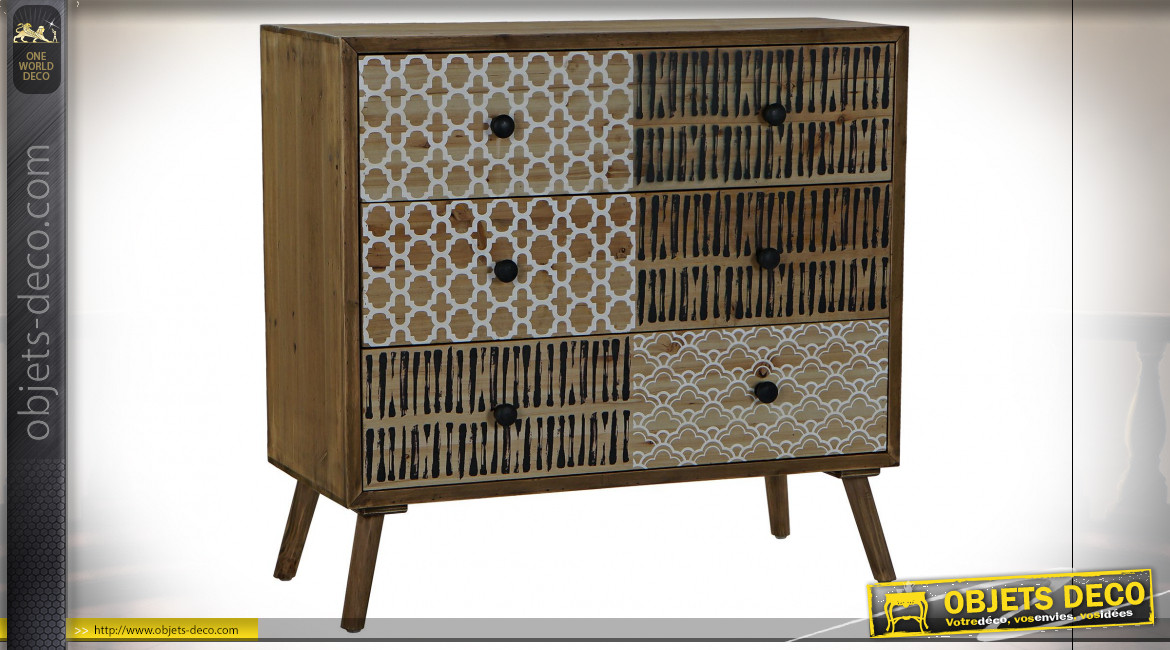 Commode en bois à 3 tiroirs, motifs géométriques de style ethnique, 80cm