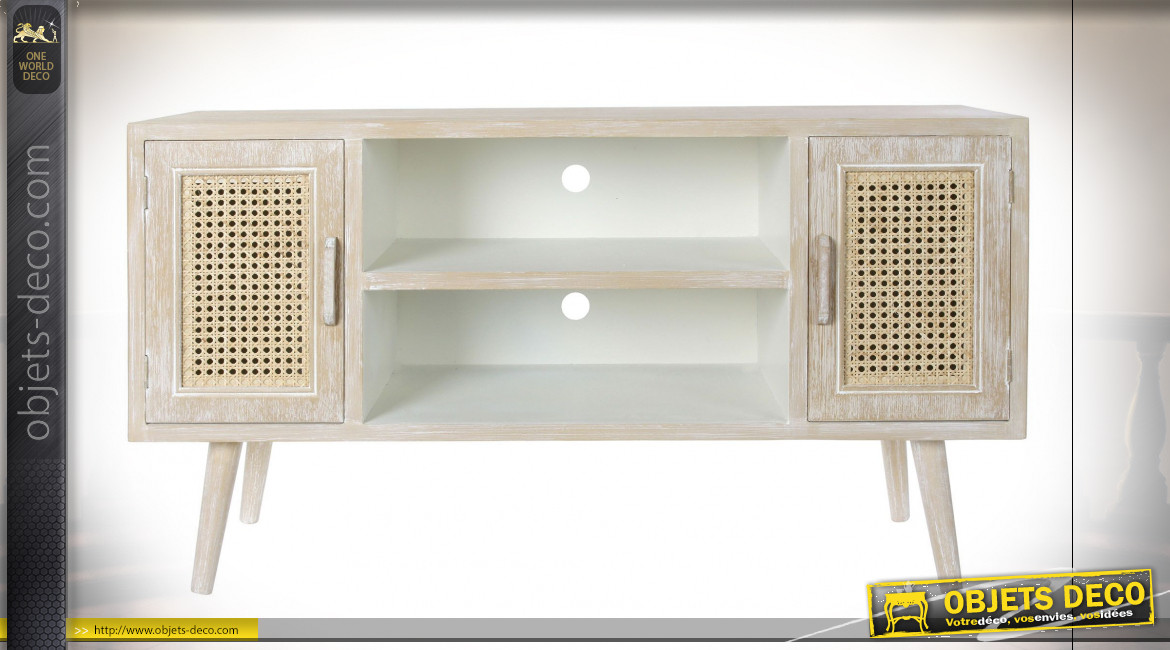 Meuble TV en bois finition naturelle blanchie, portes ajourées en cannage de rotin ambiance shabby chic, 110cm