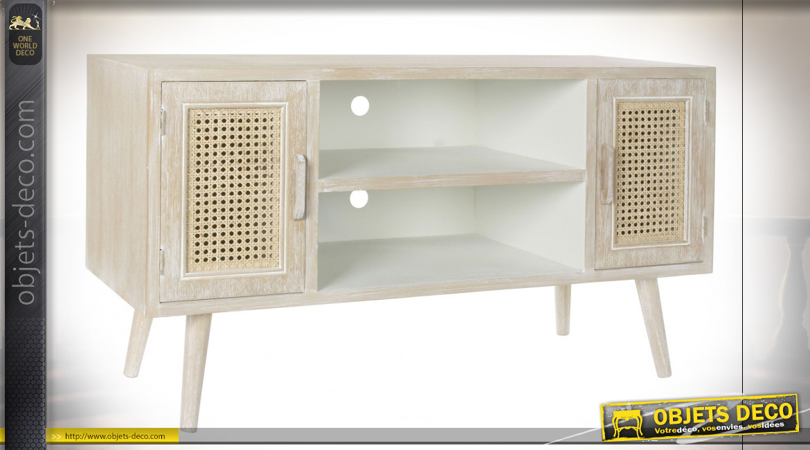Meuble TV en bois finition naturelle blanchie, portes ajourées en cannage de rotin ambiance shabby chic, 110cm