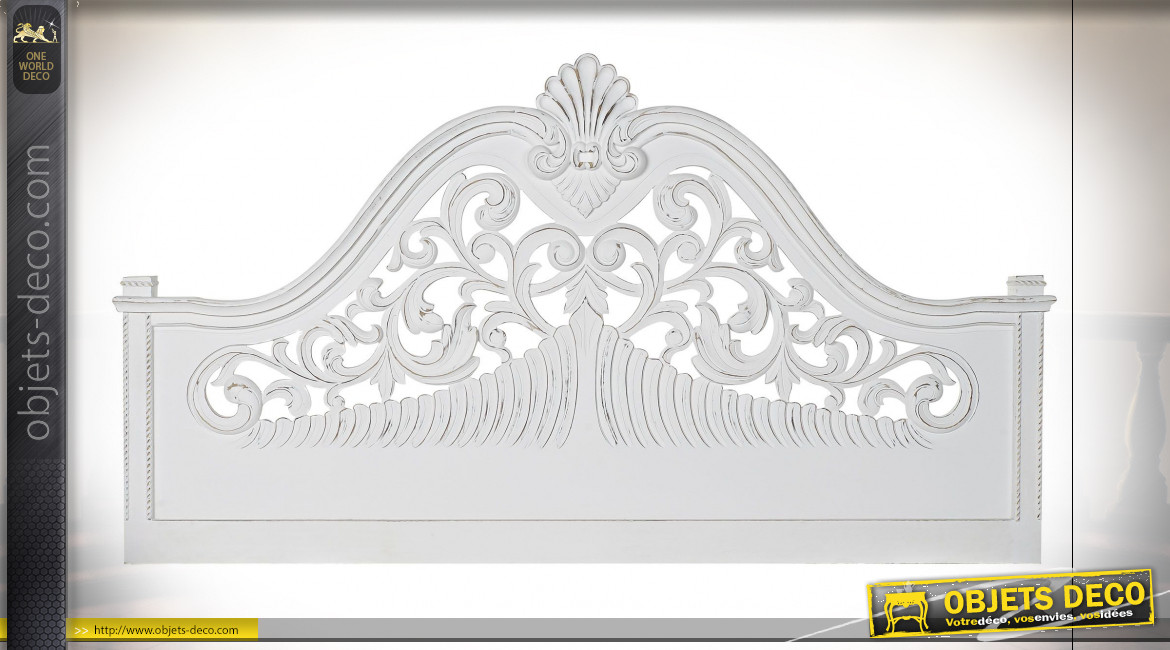 Tête de lit de style classique en bois de manguier sculpté finition blanche, 164cm