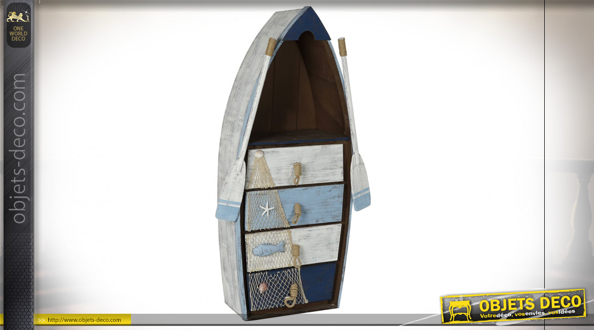 Étagère-barque à 4 tiroirs en bois de sapin ambiance bord de mer, 133cm