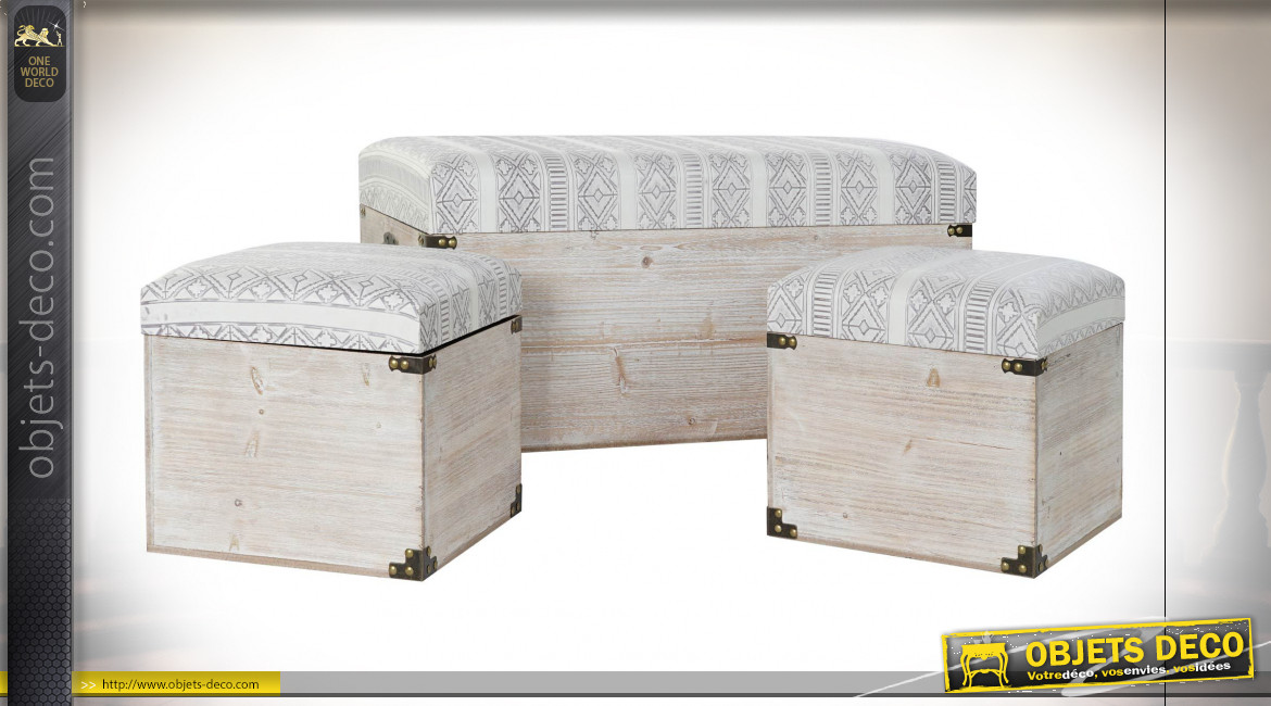 Série de 3 coffres de rangement en bois, assises avec motifs de style Boho, 80cm