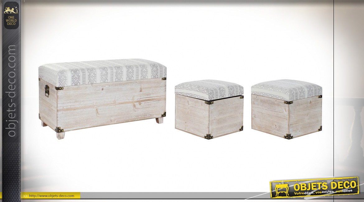 Série de 3 coffres de rangement en bois, assises avec motifs de style Boho, 80cm