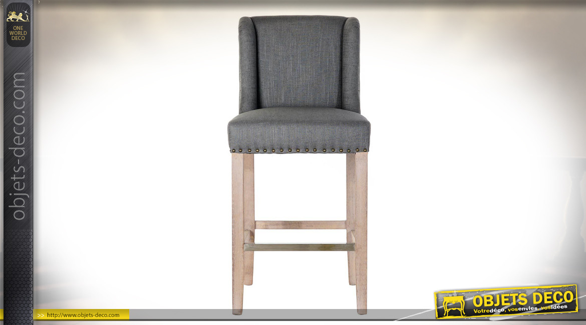 Chaise de bar de style classique en bois de caoutchouc, assise en lin gris et clous de tapissier, 104cm