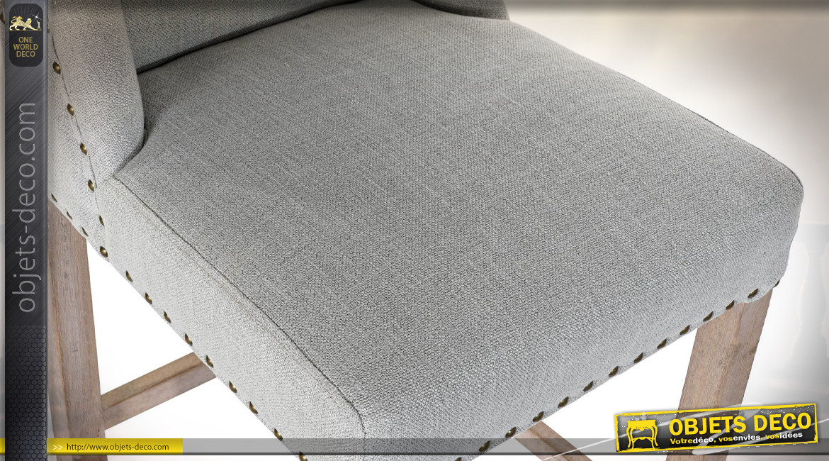 Chaise de bar en lin finition gris clair et clous de tapissier de style classique, 104cm