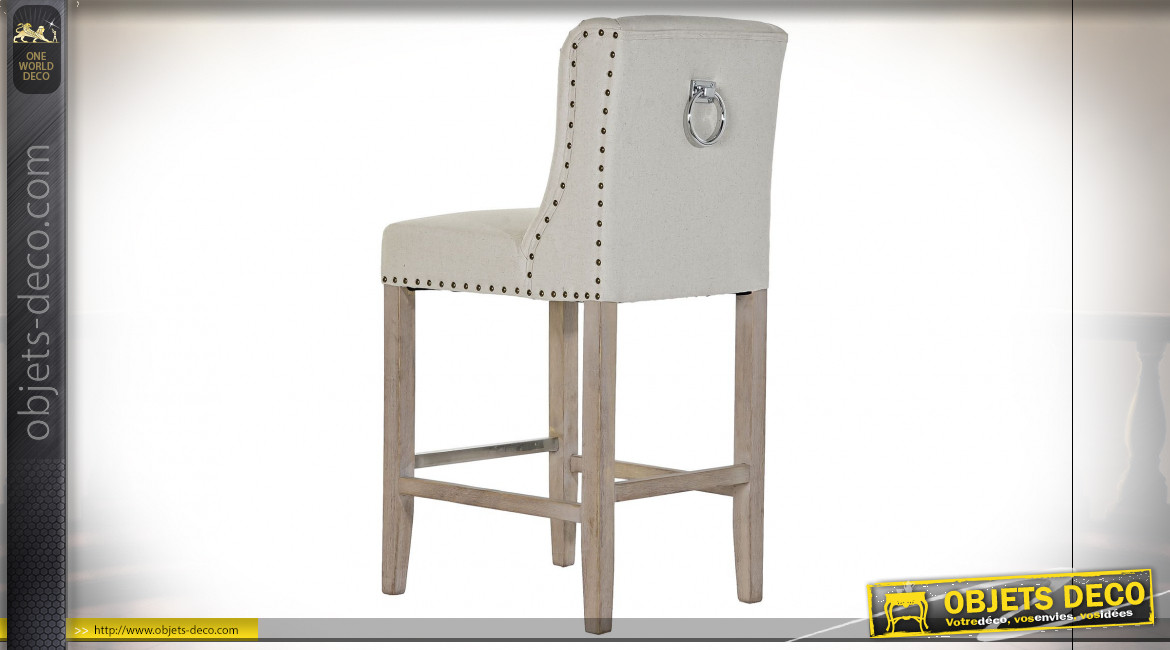 Chaise de bar en bois de caoutchouc finition naturelle, assise en lin beige et clous de tapissier, 100cm