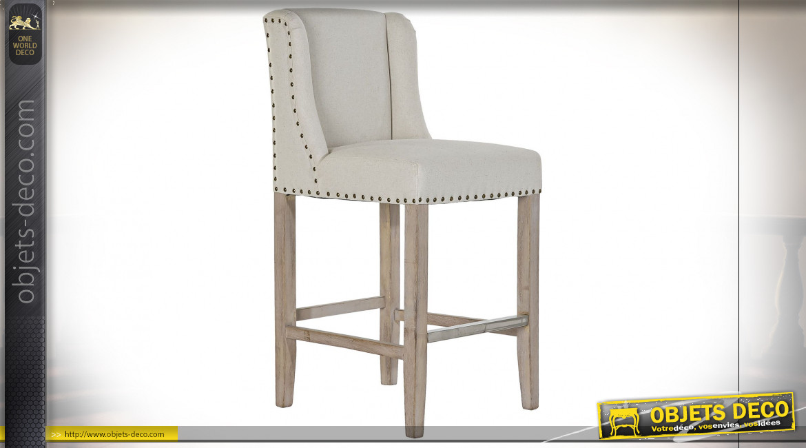 Chaise de bar en bois de caoutchouc finition naturelle, assise en lin beige et clous de tapissier, 100cm