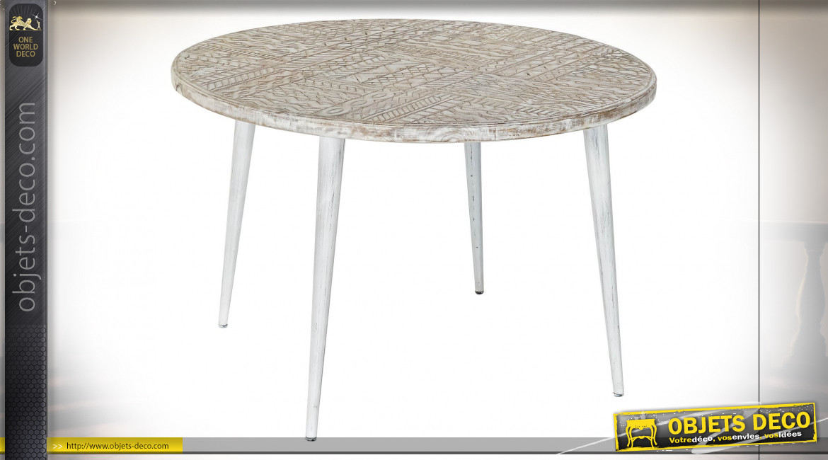 Table d'appoint en bois de manguier gravé finition naturelle blanchie de style ethnique, Ø75cm