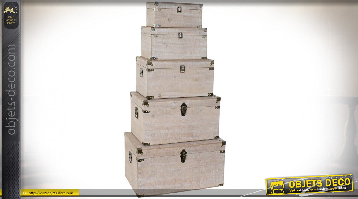 Série de 5 coffres de rangement en bois finition naturelle blanchie, 64cm
