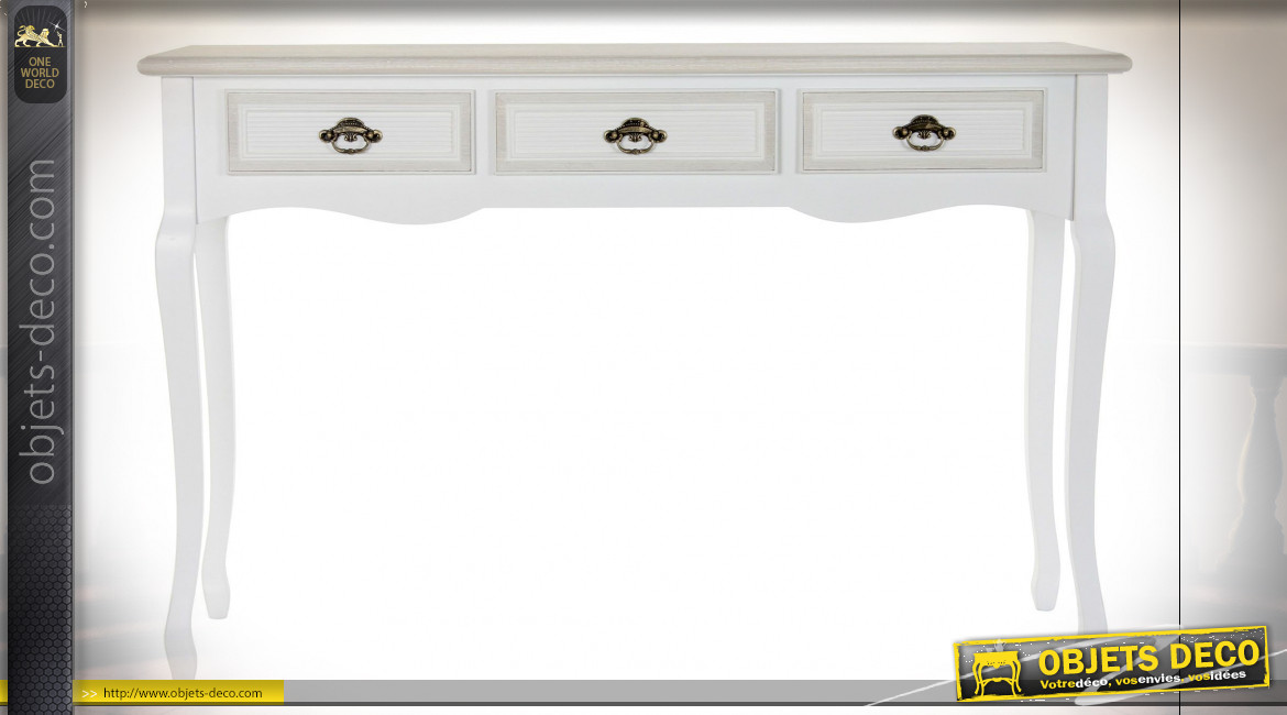 Console 3 tiroirs en bois finition blanche, pieds galbés de style romantique, 120cm