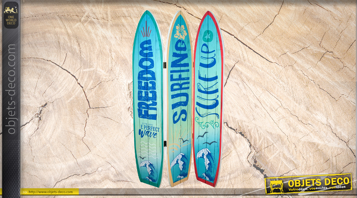 Grand paravent planches de surf, en trois parties finition dégradé de bleu, 180cm