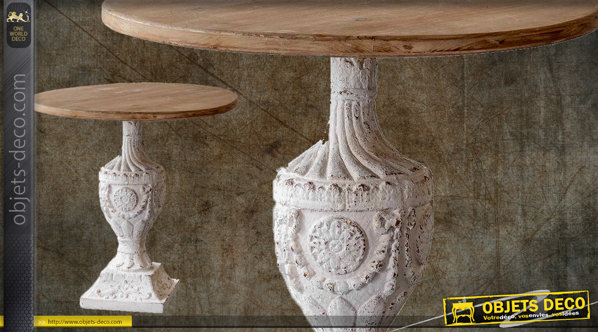 Table d'appoint en bois massif avec pied effet sculpté, finition blanc antique, Ø60cm