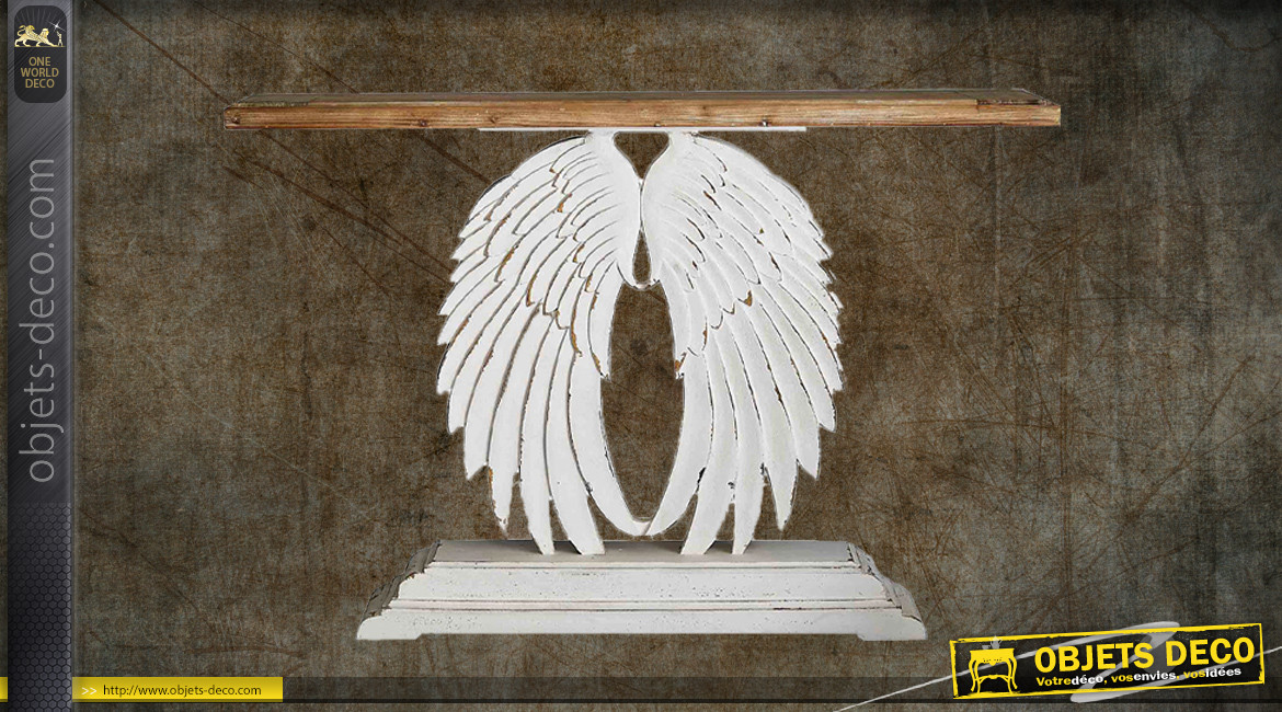 Console en bois sculpté, pied en ailes d'ange finition blanc décapé et plateau en sapin massif, 150cm