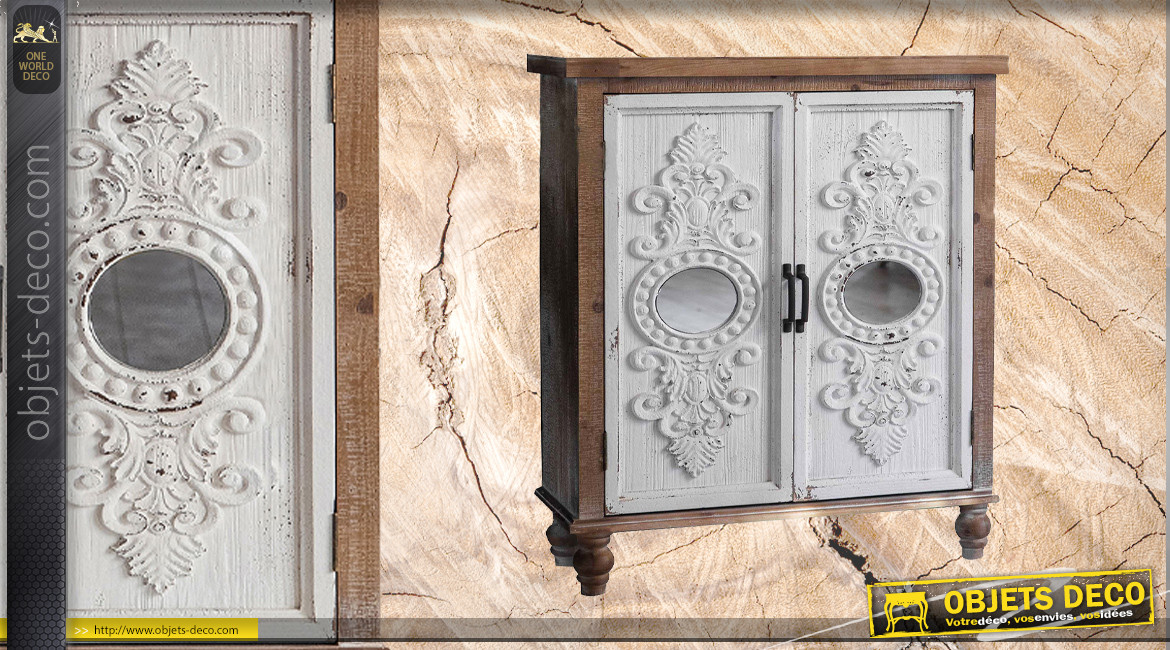 Meuble en bois avec portes sculptées finition blanc ancien, ambiance rustico baroque, 88cm