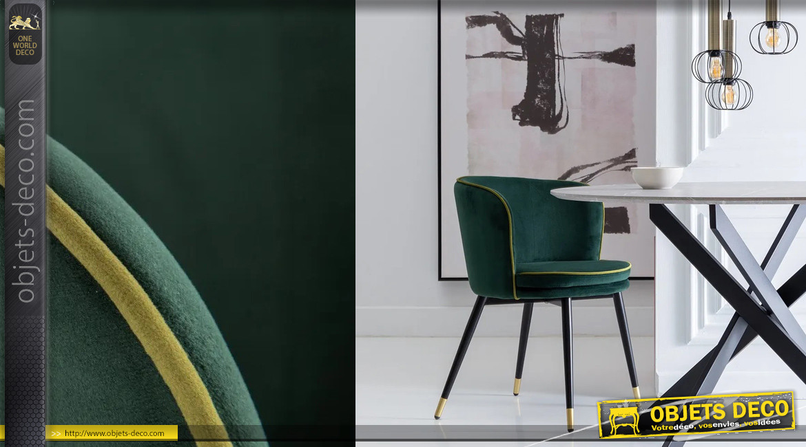 Chaise en métal et velours vert impérial, ambiance Art déco avec touches de laiton, modèle Archibald
