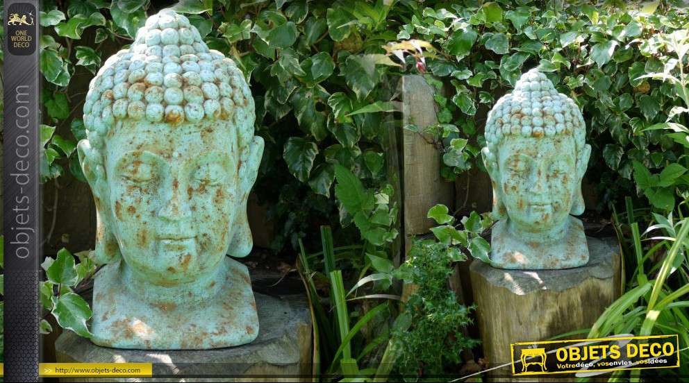 Statuette décorative tête de bouddha finition bleu antique